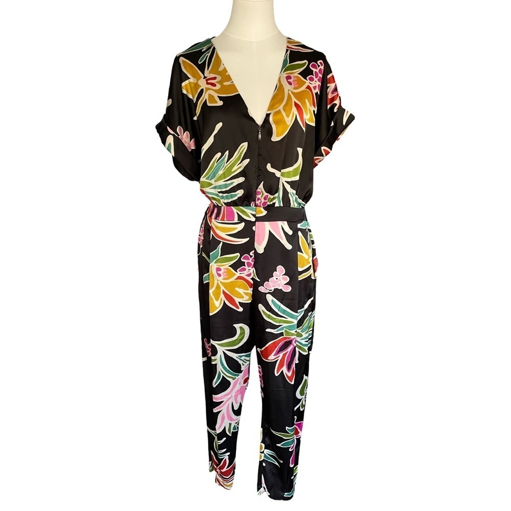 Zara Black Floral Print Satin Jumpsuit Women’s Large - Picture 7 of 16